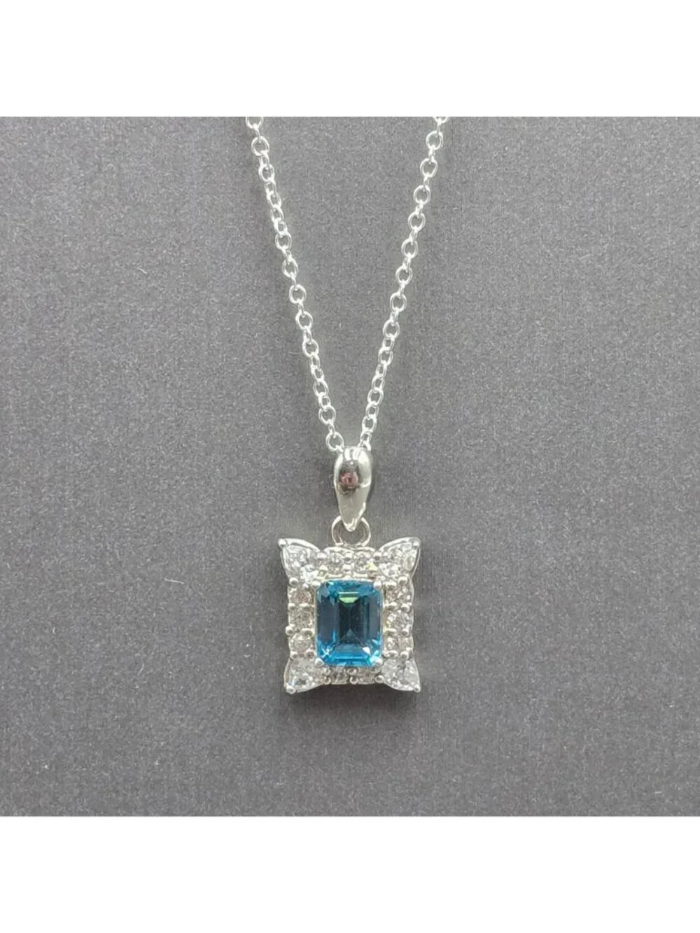 Edwardian Revival Sterling Silver Blue Topaz Pendant Necklace Emerald Cut 925 - Picture 2 of 15